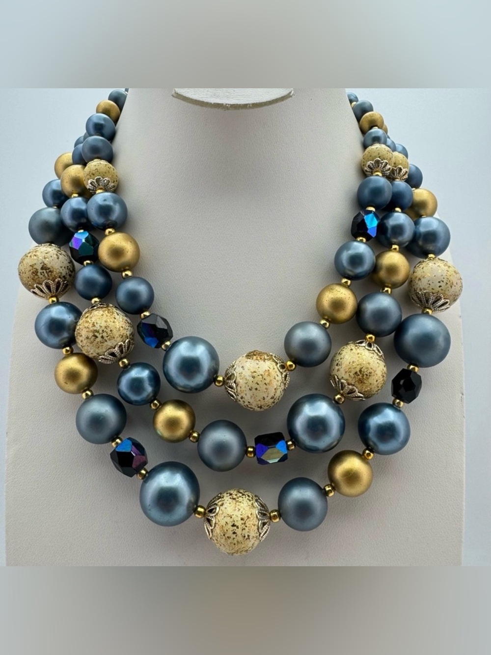 Vintage Japan Blue & Gold Beaded Multi-Strand Necklace